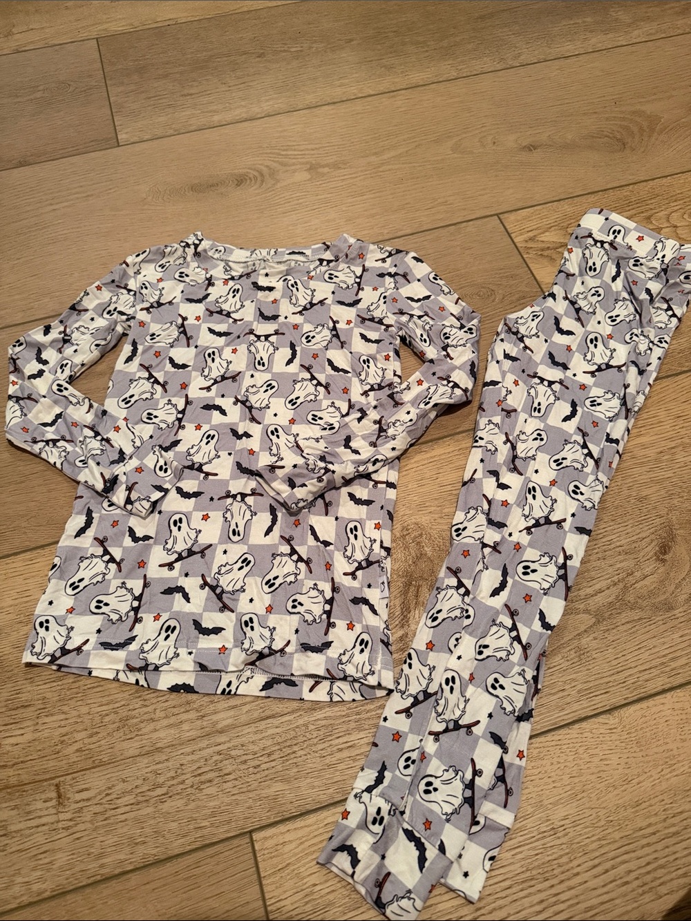 Ghost Print Kids Long Sleeve Pajama Set - Light Gray